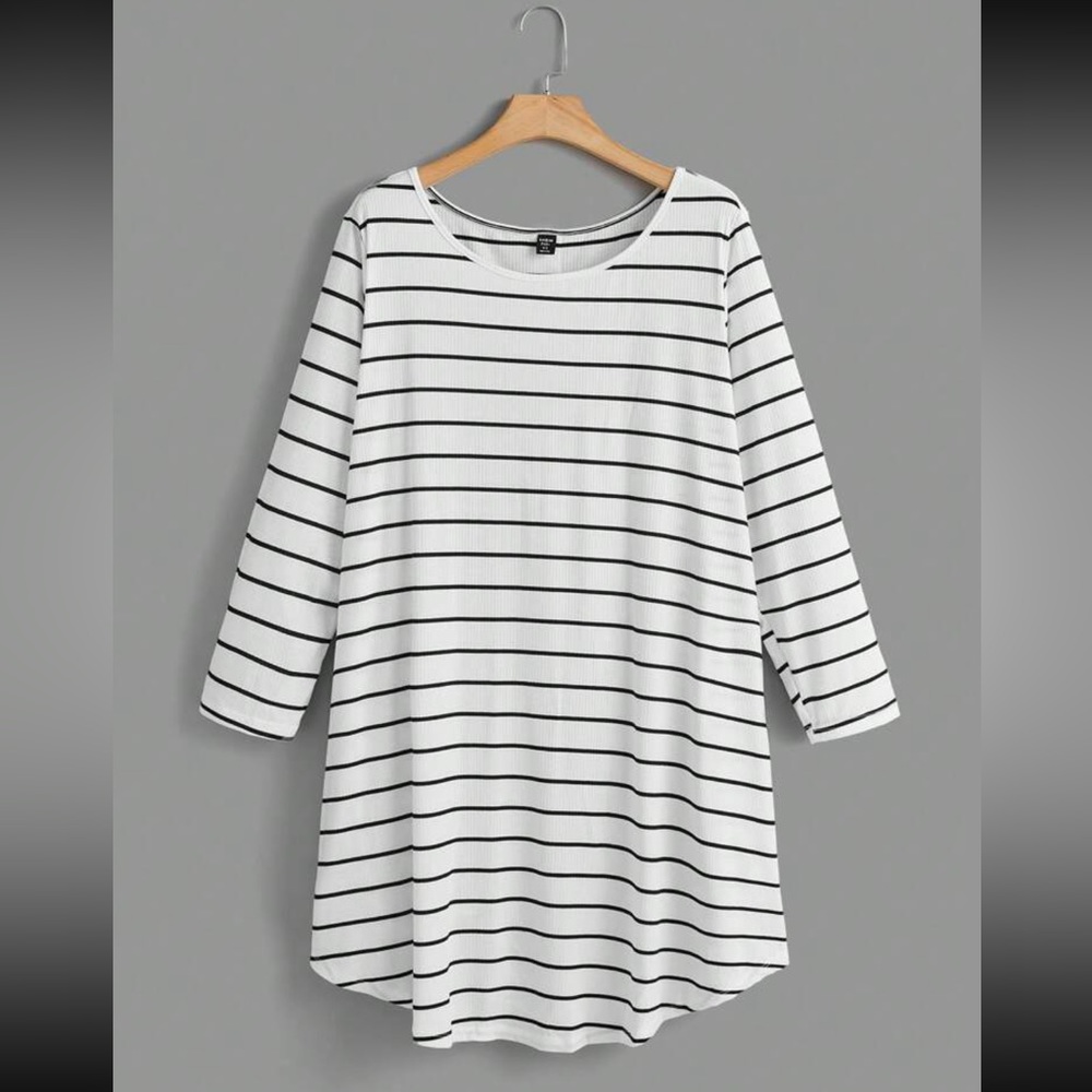 Stripped button back curved hem dress
